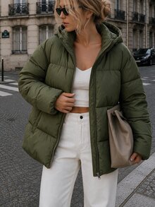 SHEIN Cottnline Women's Gray Hooded Padded Coat - Army Green - View 2