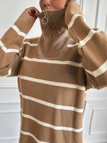 EURMUSE Striped Pattern Drop Shoulder Sweater Dress - Camel - View 7