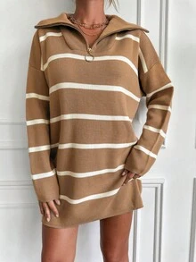 EURMUSE Striped Pattern Drop Shoulder Sweater Dress - Camel - View 4