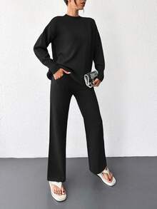 EURMUSE Women's Casual Solid Color Sweater & Pants 2 Pieces Set, Autumn/Winter - Black - View 6