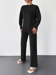 EURMUSE Women's Casual Solid Color Sweater & Pants 2 Pieces Set, Autumn/Winter - Black - View 5