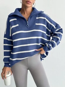 EURMUSE Striped Pattern Zipper Front Drop Shoulder Sweater - Baby Blue - View 7