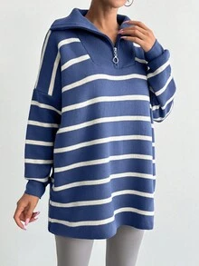 EURMUSE Striped Pattern Zipper Front Drop Shoulder Sweater - Baby Blue - View 5