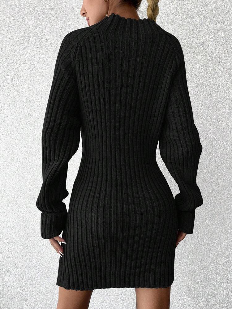 EURMUSE Solid Stand Collar Raglan Sleeve Rib Knit Sweater Dress - Black - View 3