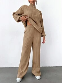 EURMUSE Women's Solid Color Zip-Up Half Placket Drop Shoulder Long Sleeve Long Sweater And Flared Pants Casual 2-Piece Set, Autumn/Winter - Camel - View 3