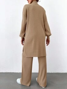 EURMUSE Women's Solid Color Zip-Up Half Placket Drop Shoulder Long Sleeve Long Sweater And Flared Pants Casual 2-Piece Set, Autumn/Winter - Camel - View 4