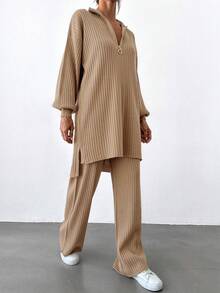 EURMUSE Women's Solid Color Zip-Up Half Placket Drop Shoulder Long Sleeve Long Sweater And Flared Pants Casual 2-Piece Set, Autumn/Winter - Camel - View 7