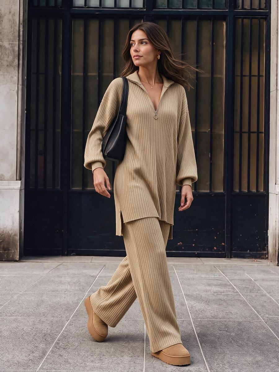 EURMUSE Women's Solid Color Zip-Up Half Placket Drop Shoulder Long Sleeve Long Sweater And Flared Pants Casual 2-Piece Set, Autumn/Winter - Camel - View 1