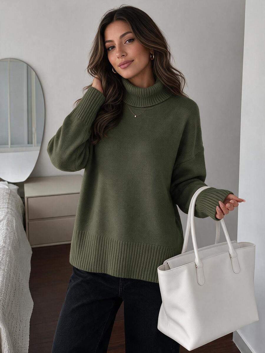 EURMUSE Turtleneck Drop Shoulder Sweater - Dark Green - View 1