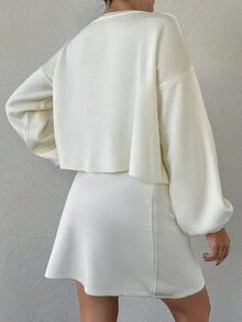 EURMUSE Ladies' Solid Color Round Neck Sweater And Knitted Skirt Set - White - View 4