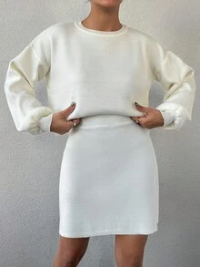 EURMUSE Ladies' Solid Color Round Neck Sweater And Knitted Skirt Set - White - View 5