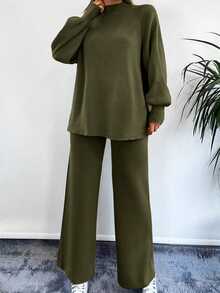 EURMUSE Women's Solid Color Raglan Sleeve Long Sleeve Sweater And Knit Pants Casual 2-Piece Set, Autumn/Winter - Green - View 7