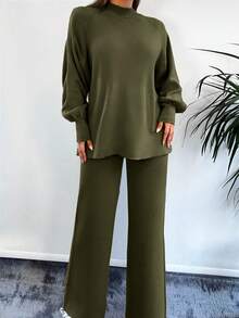 EURMUSE Women's Solid Color Raglan Sleeve Long Sleeve Sweater And Knit Pants Casual 2-Piece Set, Autumn/Winter - Green - View 4
