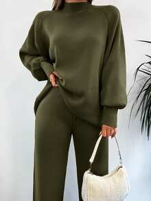 EURMUSE Women's Solid Color Raglan Sleeve Long Sleeve Sweater And Knit Pants Casual 2-Piece Set, Autumn/Winter - Green - View 6
