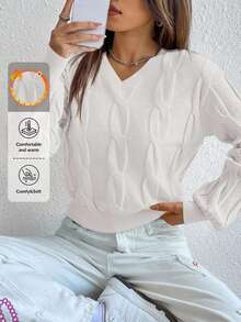 Cloudara Cable Knit Drop Shoulder Sweater - White - View 7