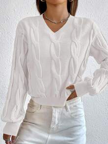 Cloudara Cable Knit Drop Shoulder Sweater - White - View 3