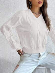 Cloudara Cable Knit Drop Shoulder Sweater - White - View 6