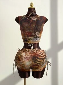 Costavie 女款豹紋露背繫帶抽繩4件式比基尼套裝，棕色夏季Y2K沙灘度假大地色系上衣與裙子套裝 - 彩色 - 查看 2