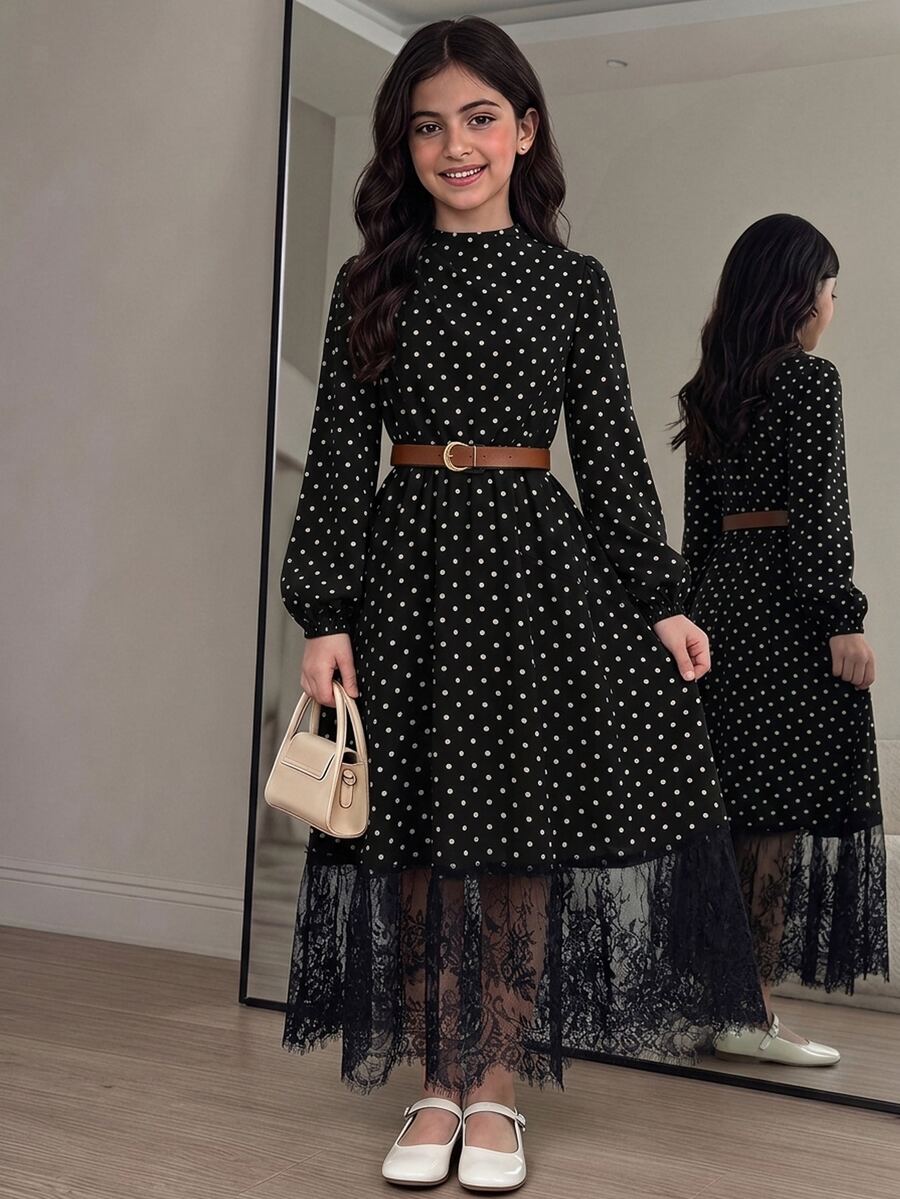 SHEIN Serisse Kids 少女優雅極簡風黑白波點立領長袖飾邊洋裝,秋冬黑色連身裙 - 黑色 - 查看 1