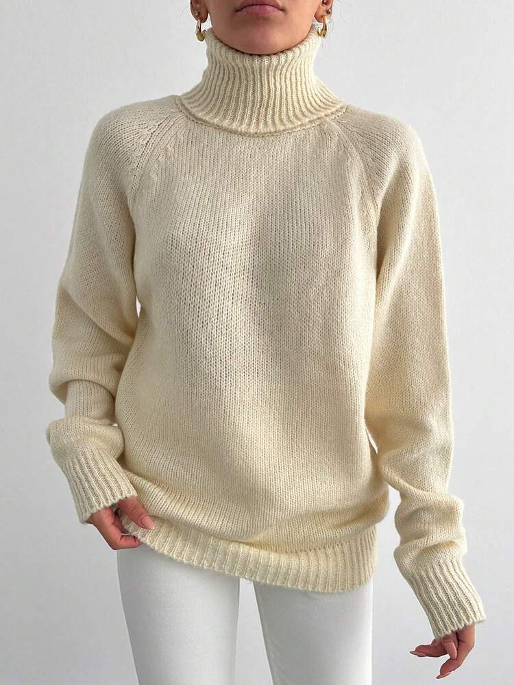 SHEIN Cottnline Turtleneck Raglan Sleeve Sweater - Apricot - View 6