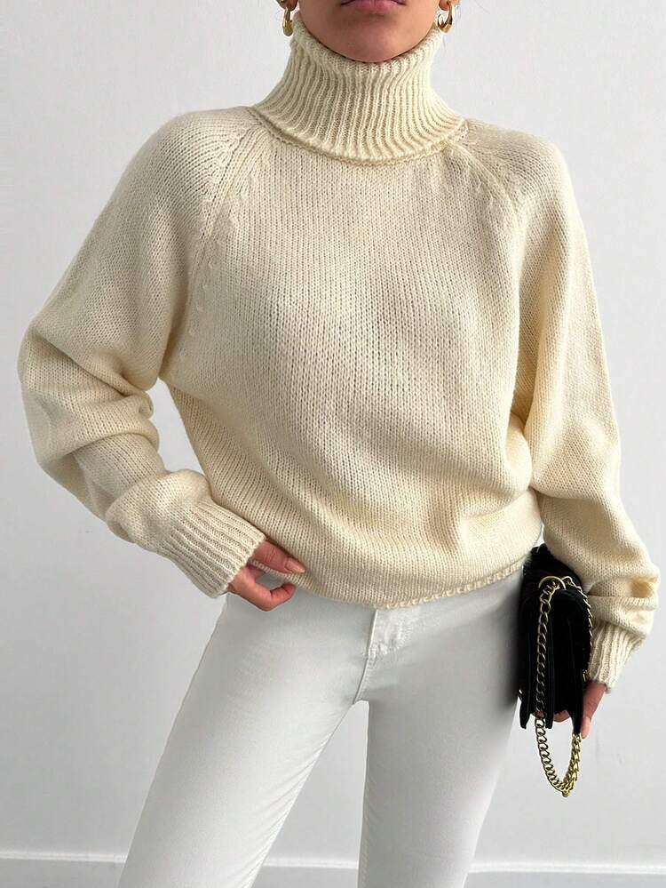 SHEIN Cottnline Turtleneck Raglan Sleeve Sweater - Apricot - View 3