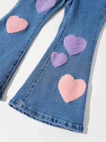 女款 Y2K 牛仔女郎西式復古彩色愛心刺繡毛巾彈性腰休閒百搭水洗淺藍修身彈性牛仔喇叭褲 - 中等水洗藍 - 查看 6