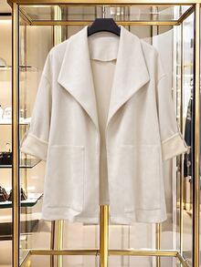 SHEIN LUNE CURVE Plus Size Women's Solid Color Lapel Casual Baggy Jacket Suede Fleece Suitable For Autumn/Winter Formal Office Going Out White - Apricot - View 4