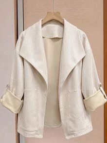 SHEIN LUNE CURVE Plus Size Women's Solid Color Lapel Casual Baggy Jacket Suede Fleece Suitable For Autumn/Winter Formal Office Going Out White - Apricot - View 5