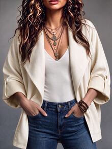 SHEIN LUNE CURVE Plus Size Women's Solid Color Lapel Casual Baggy Jacket Suede Fleece Suitable For Autumn/Winter Formal Office Going Out White - Apricot - View 8