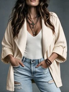 SHEIN LUNE CURVE Plus Size Women's Solid Color Lapel Casual Baggy Jacket Suede Fleece Suitable For Autumn/Winter Formal Office Going Out White - Apricot - View 7
