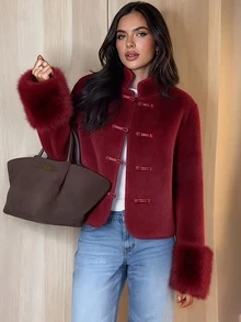 Avenya Autumn/Winter New Chinese Style Retro Wool Blend Fur Cuff Patchwork Stand Collar Frog Button Women's Short Jacket - Burgundy - View 8
