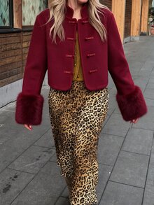 Avenya Autumn/Winter New Chinese Style Retro Wool Blend Fur Cuff Patchwork Stand Collar Frog Button Women's Short Jacket - Burgundy - View 1