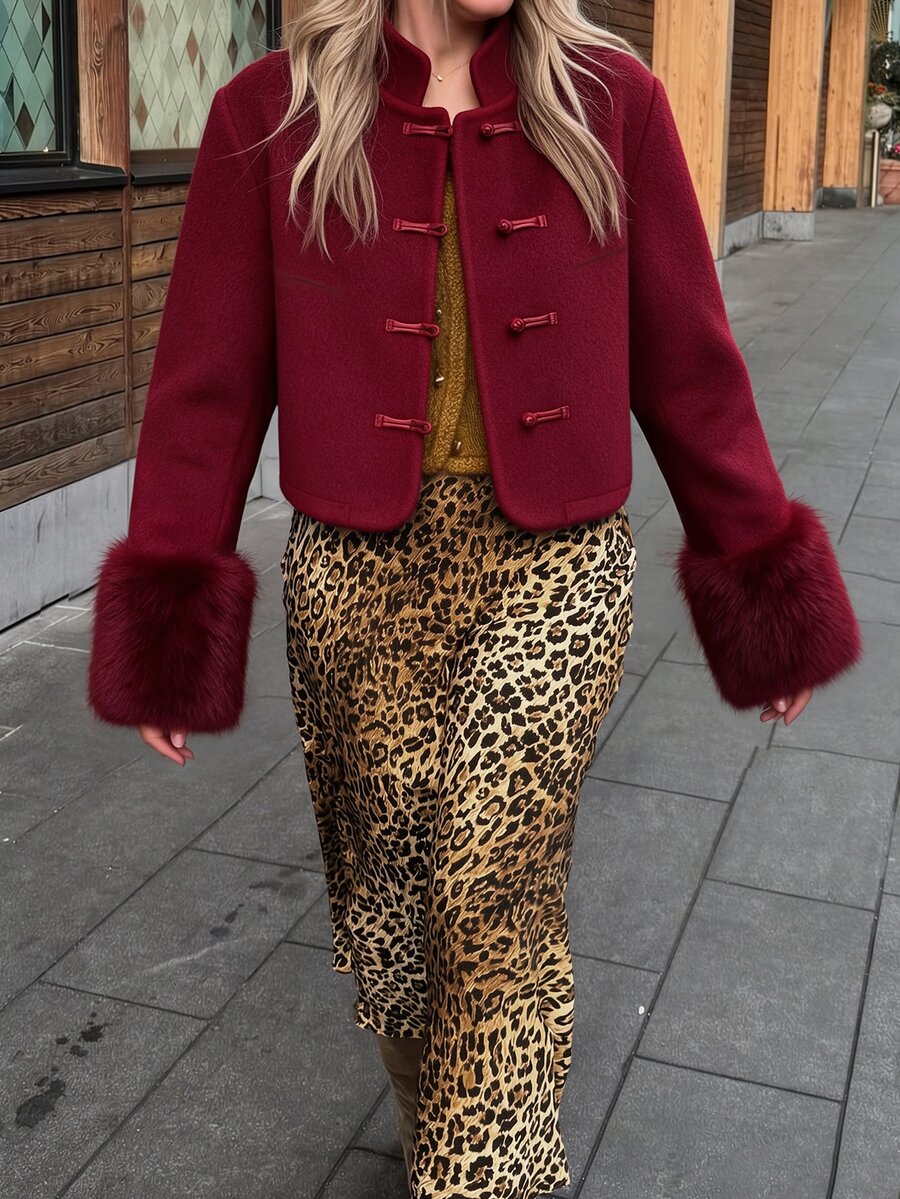 Avenya Autumn/Winter New Chinese Style Retro Wool Blend Fur Cuff Patchwork Stand Collar Frog Button Women's Short Jacket - Burgundy - View 1