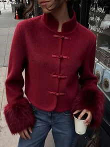 Avenya Autumn/Winter New Chinese Style Retro Wool Blend Fur Cuff Patchwork Stand Collar Frog Button Women's Short Jacket - Burgundy - View 3