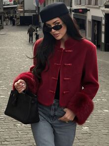 Avenya Autumn/Winter New Chinese Style Retro Wool Blend Fur Cuff Patchwork Stand Collar Frog Button Women's Short Jacket - Burgundy - View 4