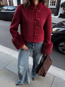Avenya Autumn/Winter New Chinese Style Retro Wool Blend Fur Cuff Patchwork Stand Collar Frog Button Women's Short Jacket - Burgundy - View 6