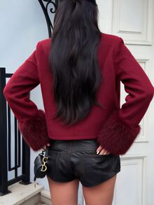 Avenya Autumn/Winter New Chinese Style Retro Wool Blend Fur Cuff Patchwork Stand Collar Frog Button Women's Short Jacket - Burgundy - View 2