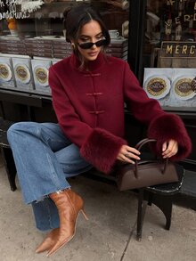 Avenya Autumn/Winter New Chinese Style Retro Wool Blend Fur Cuff Patchwork Stand Collar Frog Button Women's Short Jacket - Burgundy - View 5