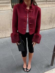 Avenya Autumn/Winter New Chinese Style Retro Wool Blend Fur Cuff Patchwork Stand Collar Frog Button Women's Short Jacket - Burgundy - View 7