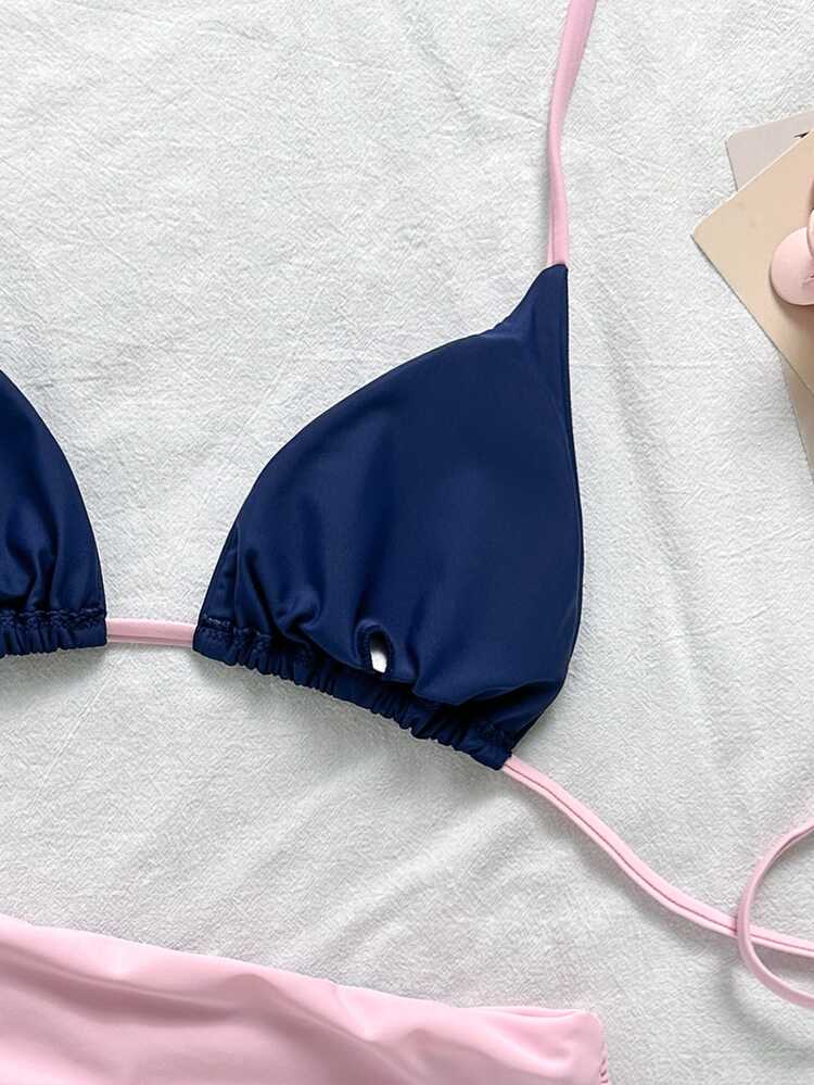 SHEIN Swim بيكيني أزرق داكن من قطعتين مع حزام معلق، كوب مثلث، رباط سحب، بنطال بقاع مسطح، بيكيني صيفي مثير لحفلات الشاطئ والعطلات - الأزرق - مشاهدة 6