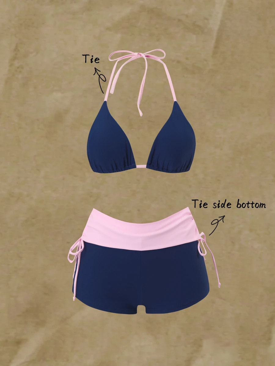 SHEIN Swim 海軍藍兩件式比基尼,掛脖式肩帶、三角罩杯、抽繩設計、平底褲,修身性感,適合炎夏度假、海灘派對 - 藍色 - 查看 1