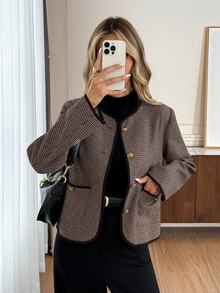 Easowa Jaket Wanita Musim Gugur/Musim Dingin Motif Houndstooth Kasual Elegan Serbaguna Jaket Lengan Panjang untuk Sehari-hari dan Kantor Warna Hitam - Khaki - View 3