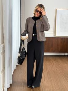 Easowa Jaket Wanita Musim Gugur/Musim Dingin Motif Houndstooth Kasual Elegan Serbaguna Jaket Lengan Panjang untuk Sehari-hari dan Kantor Warna Hitam - Khaki - View 4