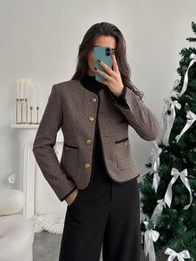 Easowa Jaket Wanita Musim Gugur/Musim Dingin Motif Houndstooth Kasual Elegan Serbaguna Jaket Lengan Panjang untuk Sehari-hari dan Kantor Warna Hitam - Khaki - View 1