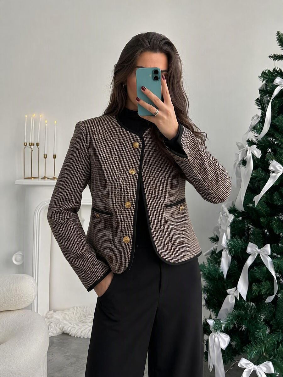 Easowa Jaket Wanita Musim Gugur/Musim Dingin Motif Houndstooth Kasual Elegan Serbaguna Jaket Lengan Panjang untuk Sehari-hari dan Kantor Warna Hitam - Khaki - View 1