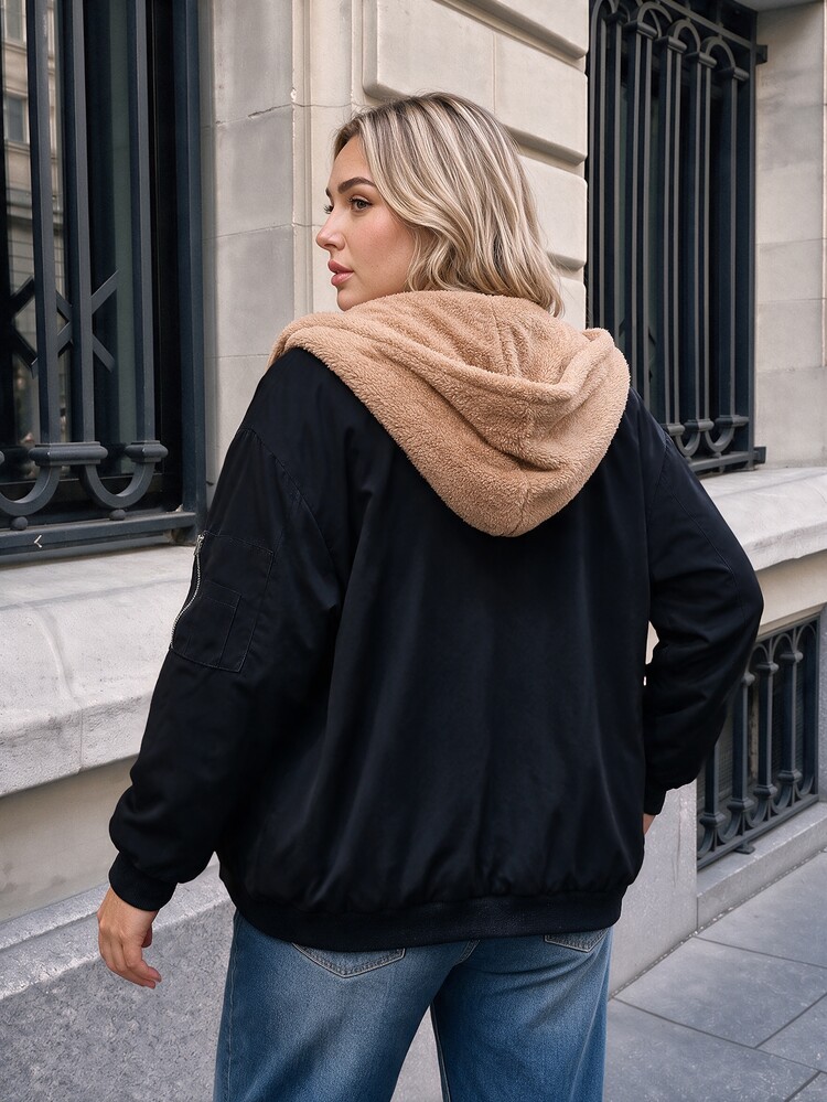 Easowa Curve Plus Size Women's Colorblock Casual Everyday Hooded Jacket - Black - View 8