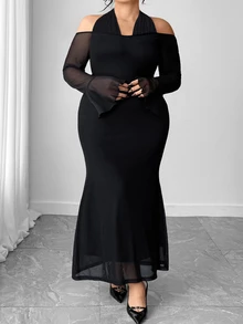 SHEIN CURVE+ Plus Size Women's Elegant Sexy Cold Shoulder Cinched Waist Fitted Long Sheer Mesh Patchwork Halter Neck Dress For Party Formal Cocktail Black Fall - Black - View 6