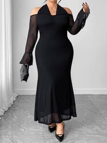 SHEIN CURVE+ Plus Size Women's Elegant Sexy Cold Shoulder Cinched Waist Fitted Long Sheer Mesh Patchwork Halter Neck Dress For Party Formal Cocktail Black Fall - Black - View 5