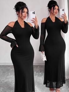 SHEIN CURVE+ Plus Size Women's Elegant Sexy Cold Shoulder Cinched Waist Fitted Long Sheer Mesh Patchwork Halter Neck Dress For Party Formal Cocktail Black Fall - Black - View 7