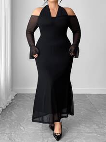 SHEIN CURVE+ Plus Size Women's Elegant Sexy Cold Shoulder Cinched Waist Fitted Long Sheer Mesh Patchwork Halter Neck Dress For Party Formal Cocktail Black Fall - Black - View 4